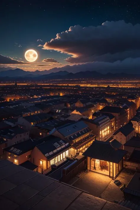 City, buildings, mountains, full moon, clouds, beautiful sky, night, epic landscape, desolate atmosphere, from above, photorealistic, masterpiece, 64k, UHD, ultra detailed, vivid colors, high quality, sharp focus