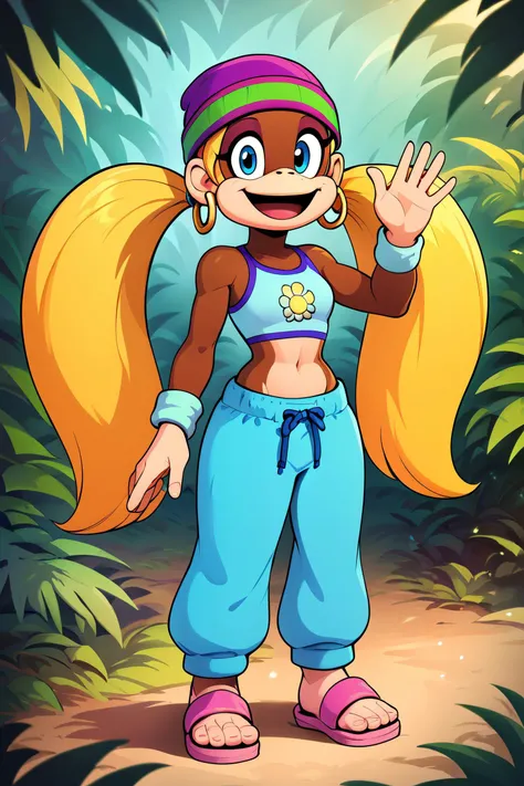 zPDXL3, <lora:CitronAnimeTreasure:.8>,<lora:Tiny_Kong_Donkey_Kong:.8>
t_kong, furry, beanie, blonde hair, twintails, blue eyes, hoop earrings, crop top, wristband, midriff, pink sandals, blue sweatpants, looking at viewer, smiling, mouth open, standing, waving, outside, jungle, distant beach, sunny,