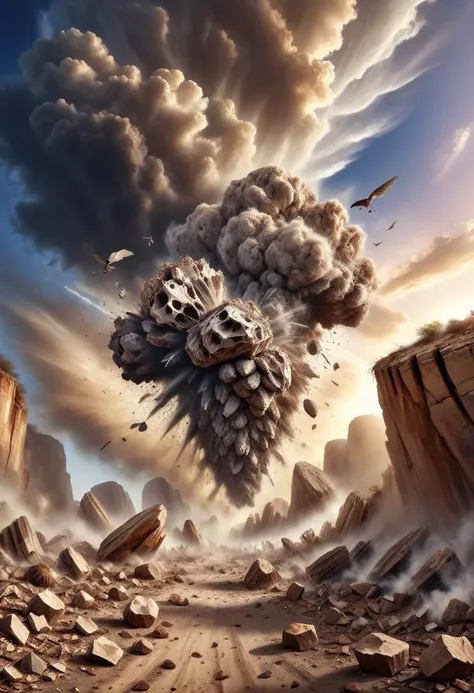 earthquake:4, cracks:4, epic scene, grand disaster, lumenarium, best quality, masterpiece, detailed, scenery, (piece of earth fly out high into the air):3, vivid image, canyon, photo of earthquake, action scene, rocks in air, deep abyss, (floating islands):4, (floating rocks):4, explosion, fissure and debris, armageddon, clouds of dust rise to the top, many fissures, fantastic scene, fantasy scene, surrealistic, power of nature and earth
fying trash and debris, smoke cloud, no gravity
