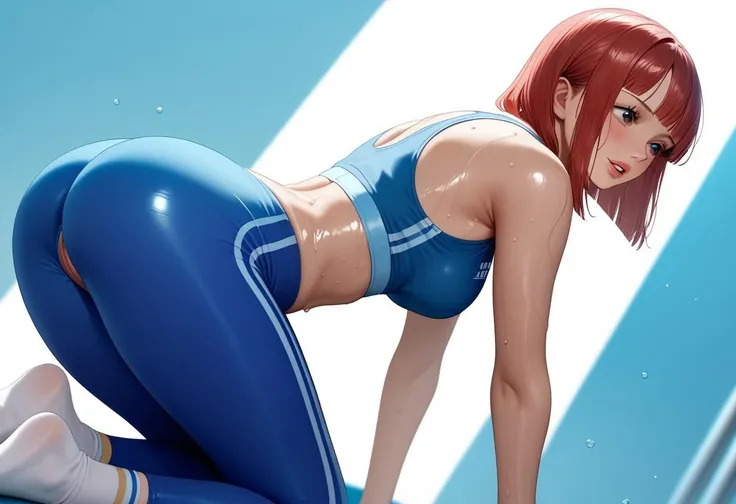 core_9, score_8_up, score_7_up, score_6_up, score_9, score_8_up, score_7_up, score_6_up, masterpiece, high quality, (best quality:1.1), source_anime, anime ,milf, simple, cartoon, (((yoga pants, sports bra, gym socks))),small head, blush, red hair hime cut, 35yo, makeup,expression filled with pleasure, plump pink lips, curvy, perky medium breasts, fit thighs, perfect round small bubble ass, no pubic hair, pussy lips, wet pussy, wet, long fit legs,no shoes, perfect ratio proportioned face, athletic shape, athletic body, perfect waist to hip ratio, perfect female body, glossy skin, glossy body, oiled body, oiled skin, deep skin, sweat, pale, dynamic angle, dynamic pose, giving a footjob to a man out of frame
