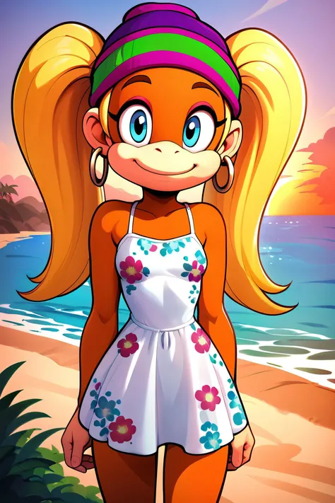 zPDXL3, <lora:CitronAnimeTreasure:.8>,<lora:Tiny_Kong_Donkey_Kong:.8>
t_kong, furry, beanie, blonde hair, twintails, blue eyes, hoop earrings, small breasts, white sundress, floral print, looking at viewer, smiling, standing, outside, beach, island, sunset, dusk,