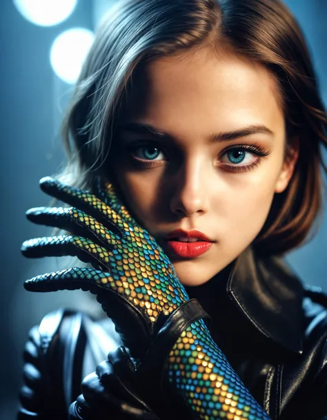 young, selfie, fine art photo, glamour shot, macro, 100mm f/2.8 macro lens, cinematic shot, dynamic angle, by Jeanloup Sieff, photograph, close-up shot of a Cute (young woman:1.2) , wearing Scales, Gloves, specular lighting, double exposure, Cinestill 50, Depth of field 270mm, Kodachrome, multidimensional, dynamic dramatic atmosphere, cool colors, radiant, intricate detail, beautiful composition, fine detail