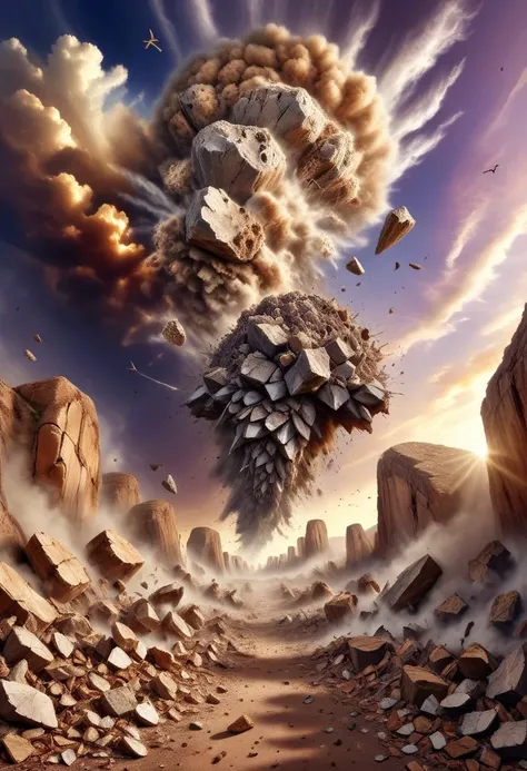 earthquake:4, cracks:4, epic scene, grand disaster, lumenarium, best quality, masterpiece, detailed, scenery, (piece of earth fly out high into the air):3, vivid image, canyon, photo of earthquake, action scene, rocks in air, deep abyss, (floating islands):4, (floating rocks):4, explosion, fissure and debris, armageddon, clouds of dust rise to the top, many fissures, fantastic scene, fantasy scene, surrealistic, power of nature and earth
fying trash and debris, smoke cloud, no gravity