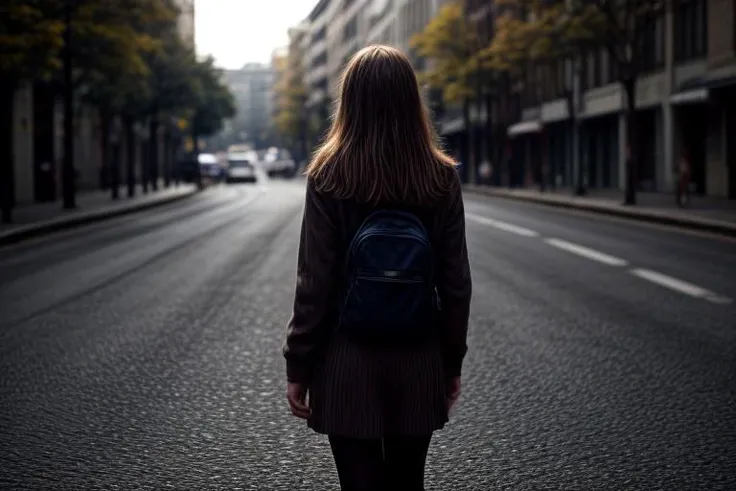 A pretty and beautiful North European young woman, happy, supermodel look, light brown hair, long wavy shiny hair, pale skin, slim eyebrows, perfect face, small nose, big blue eyes, slim red lips, big tits, nice breasts, cleavage, travelling outfir with small dress, backpack, and is walking away at historic city pedestrian path. Adventurous atmosphere, full of people. Bright lights, epiCPhoto, UnrealisticDream, <lora:pytorch_lora_weights:0.6>, <lora:picxer_real:0.4>, <lora:FilmVelvia3:0.3>, <lora:more_details:0.9>