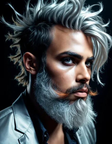 beard, face focus, macro, glamour photoshoot, art by Jacques Audiard and Guillermo Arriaga, photograph, Tanzanian (Vincent:1.2) , Vincent is Eclectic, Movement pose, Silver hairstyle, Messy hair, Hazy conditions, split diopter, ultrafine detailed, Short exposure, Cinestill 50, atmospheric perspective, Dota style, magical atmosphere, fine artistic composition, deep rich colors, handsome