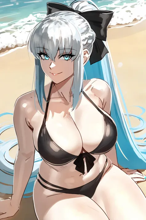 ultra realistic 8k cg, masterpiece, ((ultra detailed background, delicate pattern, intricate detail)), (highly detailed, fine details), best quality, 1girl, (photorealistic:1.4),beautiful lighting, absurdres, RAW photo, film grain, ((medium breasts, slim girl)), 1girl, MeiMei, solo, long hair, braid, dress, hair over one eye, smile, (((wearing bikini, beach, standing on beach))), sunset, braided bangs, black dress, braided ponytail, white hair, holding, makeup, grey hair, red lips, one eye covered, lipstick, parted lips, single braid, (complex detailed background, outside, beach environment, cowboy shot, front view),((hands behind the head, armpits))