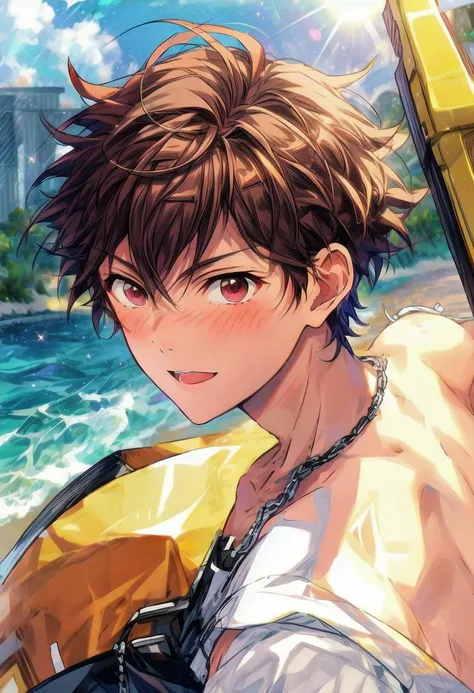 photorealistic,(4k),depth of field,(Masterpiece),(realistic skin texture),extremely detailed,intricate,hyper detailed,high resolution,professional photography,bokeh,depth of field,sharp detail,best quality,1boy,solo,male focus,zPDXL3,Brown hair,short hair,Purple eyes,dog tag,<lora:add_detail:2>,<lora:Expressive_H:1>,looking_at_viewer,happy,blush,<lora:Character - Ensemble Stars - Chiaki Morisawa 2:1>,chiakimorisawa,Brown hair,orange eyes,beach,hammer \(sunset beach\),topless,full body,