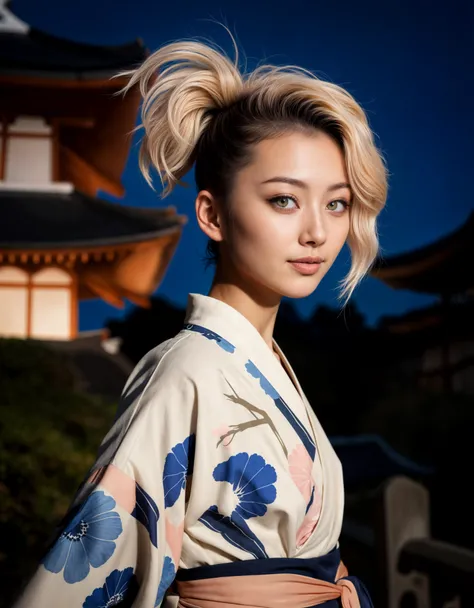 20 year old, blush, exotic, seductive, smirk, fashion, model, fine art photography, iconic, dynamic angle, dynamic pose, macro, designed by Uemura Shoen, photograph, Scottish (fashion icon:1.2) , Mohawk hair, at Nighttime, soft focus, Nihonga, traditional Japanese painting, elegant compositions, soft colors, magic atmosphere, flowing, perfect symmetry, full color
