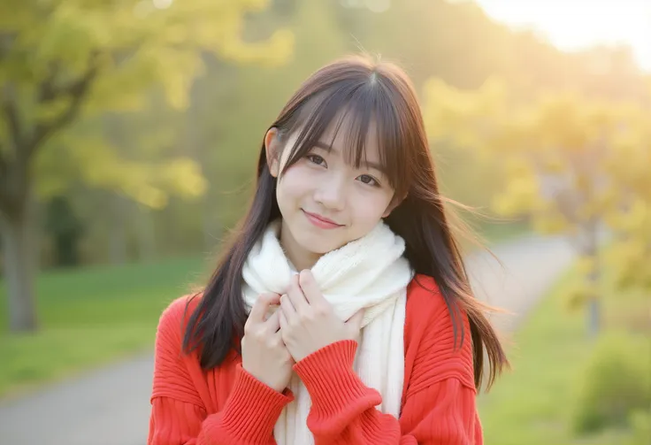 Full body portrait:Photograph of a 18yo japanese woman with long dark hair posing outdoors in a serene, natural setting. She is tilting her head slightly to the side and smiling gently at the camera. The woman is wearing a bright red knit sweater and a thick white scarf, suggesting a chilly but pleasant day. Her hair flows softly in the breeze, and her natural makeup accentuates her youthful features. The background is slightly blurred, with lush greenery and soft sunlight creating a warm, inviting atmosphere. The overall color tone is vibrant yet soft, likely captured with a high-resolution camera and a shallow depth of field to focus attention on the subject. <lora:snzx_xy_flux_lora_v1:0.85> <lora:flux_realism_lora:0.6>