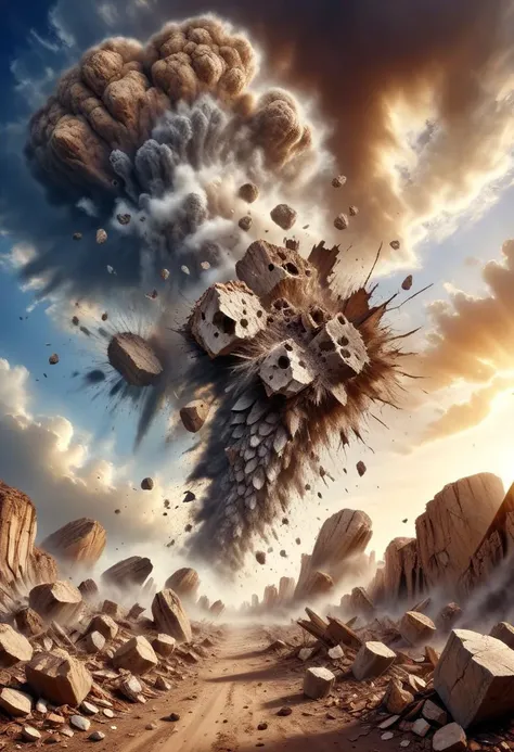 earthquake:4, cracks:4, epic scene, grand disaster, lumenarium, best quality, masterpiece, detailed, scenery, (piece of earth fly out high into the air):3, vivid image, canyon, photo of earthquake, action scene, rocks in air, deep abyss, (floating islands):4, (floating rocks):4, explosion, fissure and debris, armageddon, clouds of dust rise to the top, many fissures, fantastic scene, fantasy scene, surrealistic, power of nature and earth
fying trash and debris, smoke cloud, no gravity