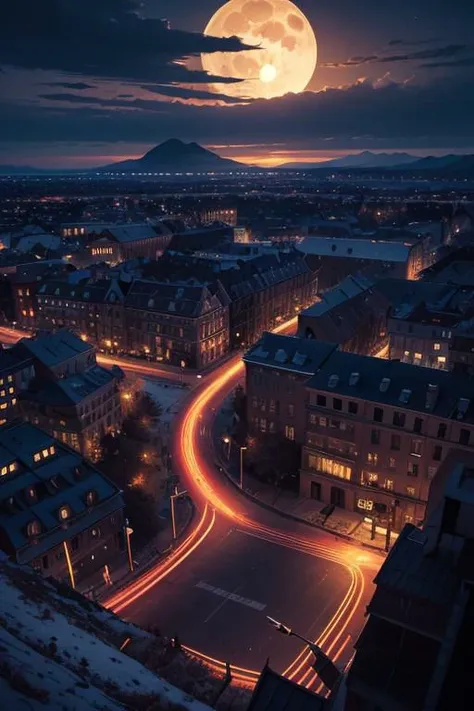 City, buildings, mountains, full moon, clouds, beautiful sky, night, epic landscape, desolate atmosphere, from above, photorealistic, masterpiece, 64k, UHD, ultra detailed, vivid colors, high quality, sharp focus