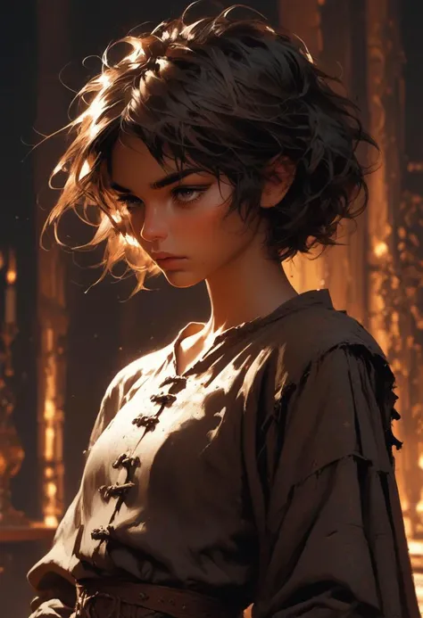 FredFraiStyle Short, dark tan skin, dark brown eyes, long sleeve shirt, female, waist up, medieval clothes
negative_hand, sscore_8, score_8_up, score_9, directional lighting, masterpiece, perfect composition, upper body portrait, short hair, messy hair, rough features, messy, flat chest