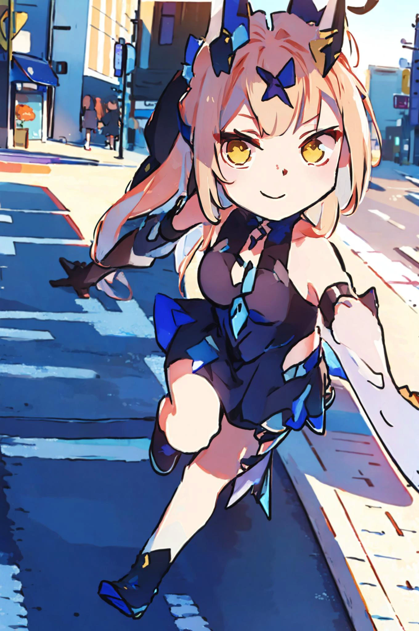 <lora:xinzoruo:1>, (xinzoruo, chibi)
<lora:Airi_DImension_Breaker_AoV_Model_LoRA_V7:0.4>,Airi_DB, 1girl, solo, long hair, blonde hair, multicolored hair, bangs, blunt bangs, twintails, braid, drill hair, hair ornament, ((horns)), eyes visible through hair, hair between eyes, looking at viewer, yellow eyes, lips, smile, closed mouth, bare shoulders, breasts, large breasts, cleavage, armor, dress, black dress, blue dress, gloves, elbow gloves, legs, thigh strap, boots, high heels, black footwear, jewelry
, ((upper body, walking, close-up)), ((smartphone, holding smartphone, selfie)), a woman stands taking a selfie,
, outdoors, sky, tree, ground vehicle, building, scenery, motor vehicle, city, car, road, cityscape, lamppost, street, crosswalk, real world location, best quality, ultra high res, (photorealistic:1.4), masterpiece, real life skin, hyper real