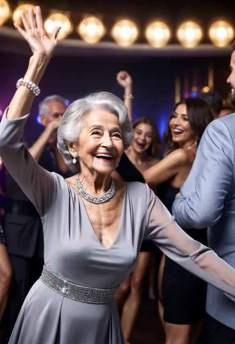 glamour full body shot of 96 year old granny smiling dancing in a busy nightclub with her arms up in the air, girl, collarbone, grey hair, looking at viewer, upper body, necklace, club dress, beautiful, dslr, 8k, 4k, ultrarealistic, realistic, raytracing, subsurface scattering, sharp focus, wrinkles, old woman,