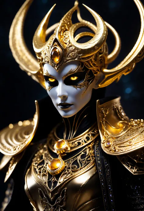close-up of eldritch lich from side in action pose surrounded by void magic looking at viewer, (intricate details), (****), eldritch, (nightmare), insane, horror \(theme\), glow, glowing eyes, (sparkly gold:1.2), glowing eyes, volumetric lighting, unique pose, dynamic pose, dutch angle,