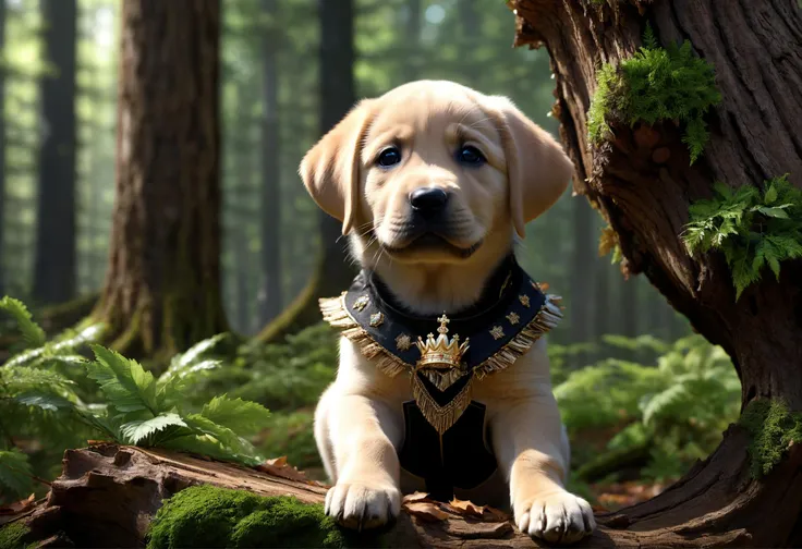 glamour shot of a cute labrador puppy sitting on a treestump in the forest looking like a king with a crown made of wood and leaves on its head and sticking out its tongue, masterpiece, best quality, dslr, 8k, 4k, ultrarealistic, realistic, raytracing, subsurface scattering, (cyberpunk city), sitting, (close-up:1.3), hyperreal, photoreal, realistic, raw photo, detailed, ultra-detailed, intricate, volumetric lighting,