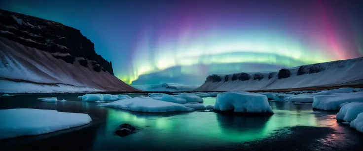 prize winning landscape photography of iceland at night with wildwater intersecting the magical landscape and the northern lights dancing in the sky reflected in the water, a very serene scene unlike any other, dark but beautiful, photorealistic, scenery,absurdres,hyper realistic lifelike texture dramatic lighting unrealengine trending on artstation,award winning photo,nikon RAW photo,8k,masterpiece,no humans, ,cold, winter, mountain, fog, lut, cinematic, dimmed colors, dark shot, muted colors, film grain, ice,iceland,aurora, Fujifilm XT3, with a (bokeh effect:1.3),