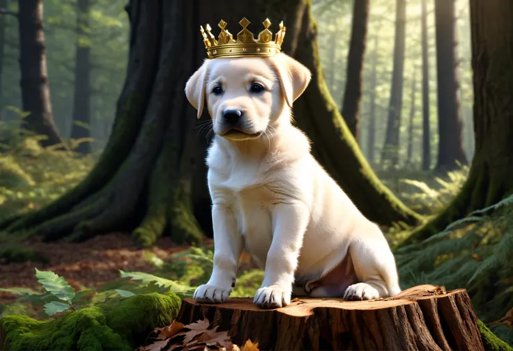 glamour shot of a cute labrador puppy sitting on a treestump in the forest looking like a king with a crown made of wood and leaves on its head and sticking out its tongue, masterpiece, best quality, dslr, 8k, 4k, ultrarealistic, realistic, raytracing, subsurface scattering, (cyberpunk city), sitting, (close-up:1.3), hyperreal, photoreal, realistic, raw photo, detailed, ultra-detailed, intricate, volumetric lighting,