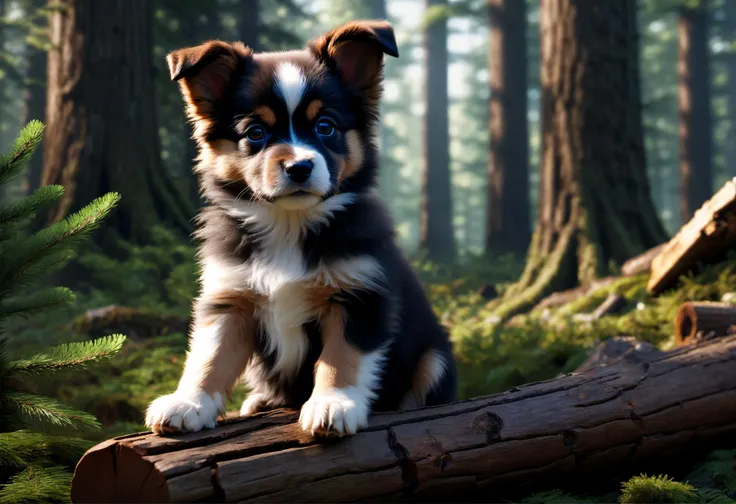 glamour shot of a cute puppy sitting on a treestump in the forest looking like a king, masterpiece, best quality, dslr, 8k, 4k, ultrarealistic, realistic, raytracing, subsurface scattering, (cyberpunk city), sitting, (close-up:1.3), hyperreal, photoreal, realistic, raw photo, detailed, ultra-detailed, intricate, volumetric lighting,