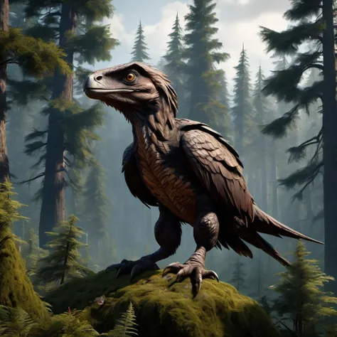A birdy raptor standing over a forest, prehistoric background, beautiful landscape, by Greg Rutkowski, photorealistic, life-like, highly detailed, 4k