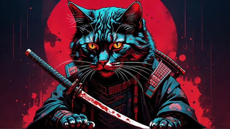 cyberpunk cat samurai graphic art, blood splattered, beautiful colors