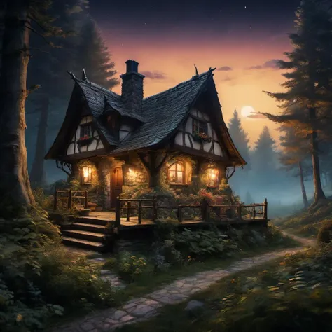 HOverwhelmingly beautiful landscape cottage in the woods at night. Extremely high detail, details, realistic, fantasy art, solo, masterpiece, portrait painting, saturated colors, art by Arthur Rackham, Dariusz Zawadzki, Muzinabu,igh quality photography, 3 point lighting, flash with softbox, 4k, Canon EOS R3, hdr, smooth, sharp focus, high resolution, award winning photo, 80mm, f2.8, bokeh.