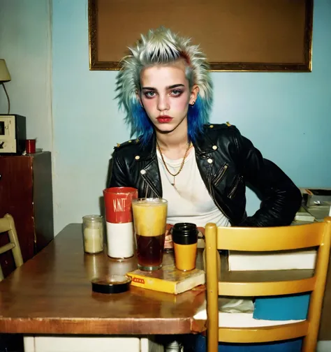 <lora:wegg_V3:1> 1980s Kodak photo of a young 20 year old punk rock girl with blue multi-colored hair wearing a white shirt and black leather jacket, in a New York apartment, photography by nan goldin, by william eggleston, faded, film grain, cross processed image