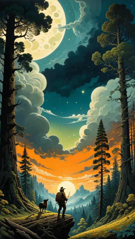 best quality, ink, acrylic, Sci Fi, futuristic fairytale, Slavic folklore futuristic World, storybook detailed illustration, close up highly detailed forest, forest, futuristic forest farmer at work detailed sky, night, clouds, summer, glittering, creepy, mystical, dynamic pose, detailed face, filigree detailed, intricately decorated, Viktor Vasnetsov, Bilibin, Theodor Kittelsen, WLOP, RHADS, 2d, flat, cute, adorable, art on a cracked paper, ultra highly detailed, tiny details, beautiful details, mystical, luminism, vibrant colors, complex background<lora:xl_more_art-full_v1:0.5>