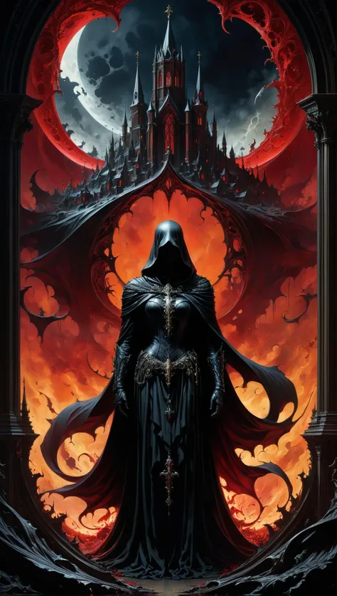Ultra-wide-angle, photorealistic medieval gothic shot of an exciting fusion between Spawn and lady death resulting in a new character that embodies elements of both, people, see. Black Ink Flow - 8k Resolution Photorealistic Masterpiece - by Aaron Horkey and Jeremy Mann - Intricately Detailed. fluid gouache painting: by Jean Baptiste Mongue: calligraphy: acrylic: colorful watercolor, cinematic lighting, maximalist photoillustration: by marton bobzert: 8k resolution concept art, intricately detailed realism, complex, elegant, expansive, fantastical and psychedelic, dripping paint , in the chasm of the empire estate, night, blood moon, buildings, reflections<lora:xl_more_art-full_v1:0.5> <lora:leonardo_illustration:0.6>