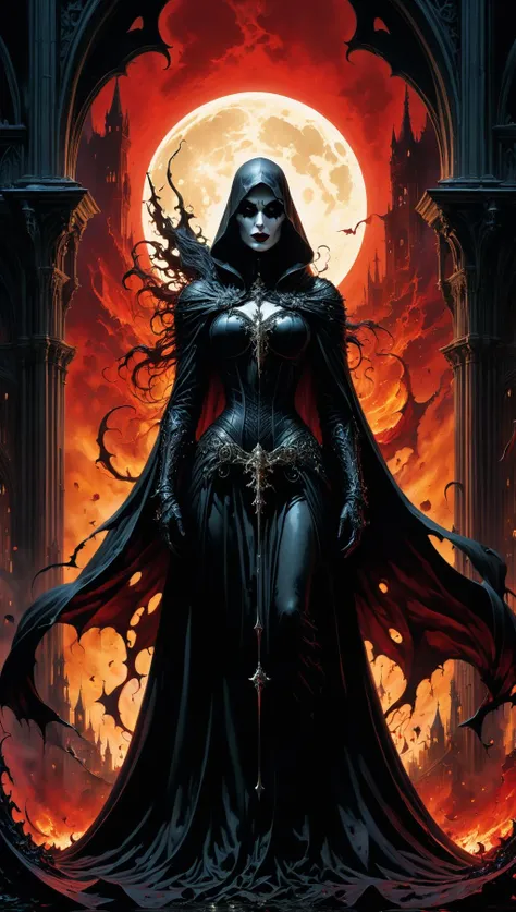 Ultra-wide-angle, photorealistic medieval gothic shot of an exciting fusion between Spawn and lady death resulting in a new character that embodies elements of both, people, see. Black Ink Flow - 8k Resolution Photorealistic Masterpiece - by Aaron Horkey and Jeremy Mann - Intricately Detailed. fluid gouache painting: by Jean Baptiste Mongue: calligraphy: acrylic: colorful watercolor, cinematic lighting, maximalist photoillustration: by marton bobzert: 8k resolution concept art, intricately detailed realism, complex, elegant, expansive, fantastical and psychedelic, dripping paint , in the chasm of the empire estate, night, blood moon, buildings, reflections