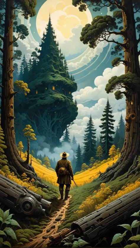 best quality, ink, acrylic, Sci Fi, futuristic fairytale, Slavic folklore futuristic World, storybook detailed illustration, close up highly detailed forest, forest, futuristic forest farmer at work detailed sky, night, clouds, summer, glittering, creepy, mystical, dynamic pose, detailed face, filigree detailed, intricately decorated, Viktor Vasnetsov, Bilibin, Theodor Kittelsen, WLOP, RHADS, 2d, flat, cute, adorable, art on a cracked paper, ultra highly detailed, tiny details, beautiful details, mystical, luminism, vibrant colors, complex background<lora:xl_more_art-full_v1:0.5>