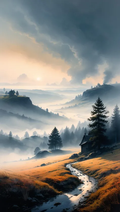 sketch, minimalistic, color ink and pencil, swedish landscape, photorealistic, foggy background, magic, volumetric lighting, hard light, incredible sense of depth, 8K, by jean-sebastien rossbach<lora:xl_more_art-full_v1:0.5>