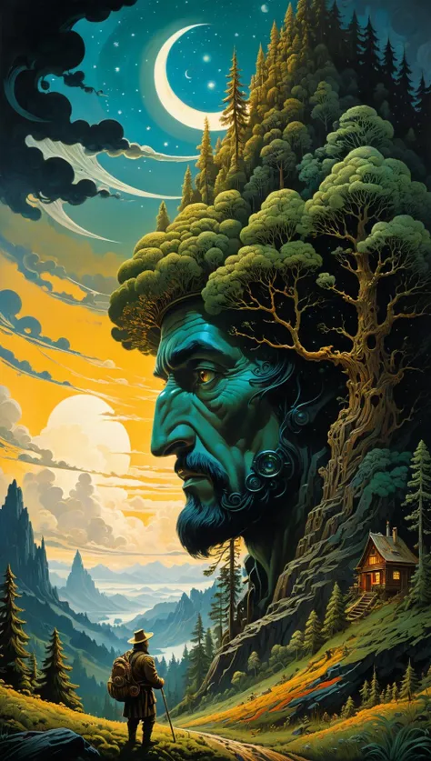 best quality, ink, acrylic, Sci Fi, futuristic fairytale, Slavic folklore futuristic World, storybook detailed illustration, close up highly detailed forest, forest, futuristic forest farmer at work detailed sky, night, clouds, summer, glittering, creepy, mystical, dynamic pose, detailed face, filigree detailed, intricately decorated, Viktor Vasnetsov, Bilibin, Theodor Kittelsen, WLOP, RHADS, 2d, flat, cute, adorable, art on a cracked paper, ultra highly detailed, tiny details, beautiful details, mystical, luminism, vibrant colors, complex background<lora:xl_more_art-full_v1:0.5>