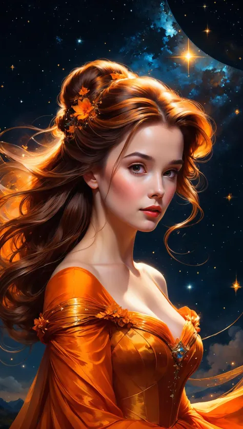 Portrait of Gorgeous princess Belle in an orange dress, beautiful hair, WLOP, Carne Griffiths, Pixar, Norman Rockwell, intricately detailed concept art, 3d digital art, starry nighttime sky, cinematic, Reimagined by industrial light and magic, 8k processing, Lou Xaz<lora:xl_more_art-full_v1:0.5>