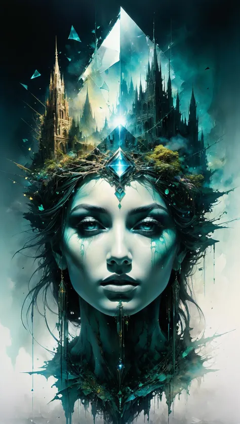 Lost Land of Ancient Advanced Civilization, A forgotten kingdom of towering spires and mysterious ruins, shrouded in a thick fog of secrets and forgotten knowledge. in the style of Carne Griffiths, Broken Glass effect, no background, stunning, something that even doesn't exist, mythical being, energy, molecular, textures, iridescent and luminescent scales, breathtaking beauty, pure perfection, divine presence, unforgettable, impressive, breathtaking beauty, Volumetric light, auras, rays, vivid colors reflects<lora:xl_more_art-full_v1:0.5>