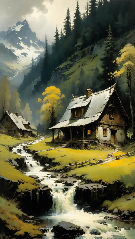 landscape painting of a homestead, nordic elven adventurers, cozy valley, broadleaf forest, ferrotype defects, style of (Jeremy Mann, Louis Icart, Valentin Serov, Makoto Kobayashi, Alan Lee)<lora:xl_more_art-full_v1:0.5>