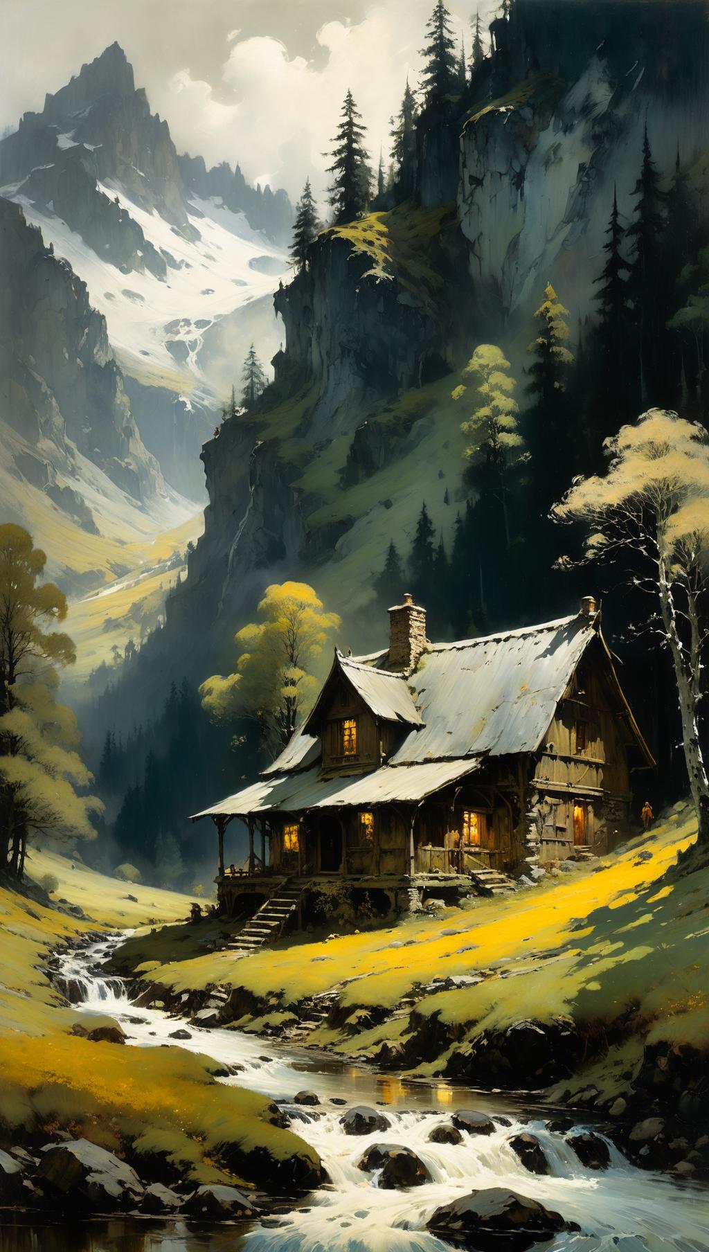 Painting of a cabin in the mountains with a stream running by - SeaArt AI