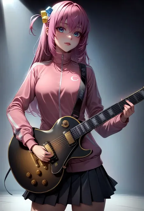 solo, 1girl, gotohdef, expressionless, playing guitar, gibson les paul, holding instrument, one side up, cube hair ornament, pink jacket, track jacket, long sleeves, skirt, spotlight <lora:bocchi_gotoh_xl-000004:1>