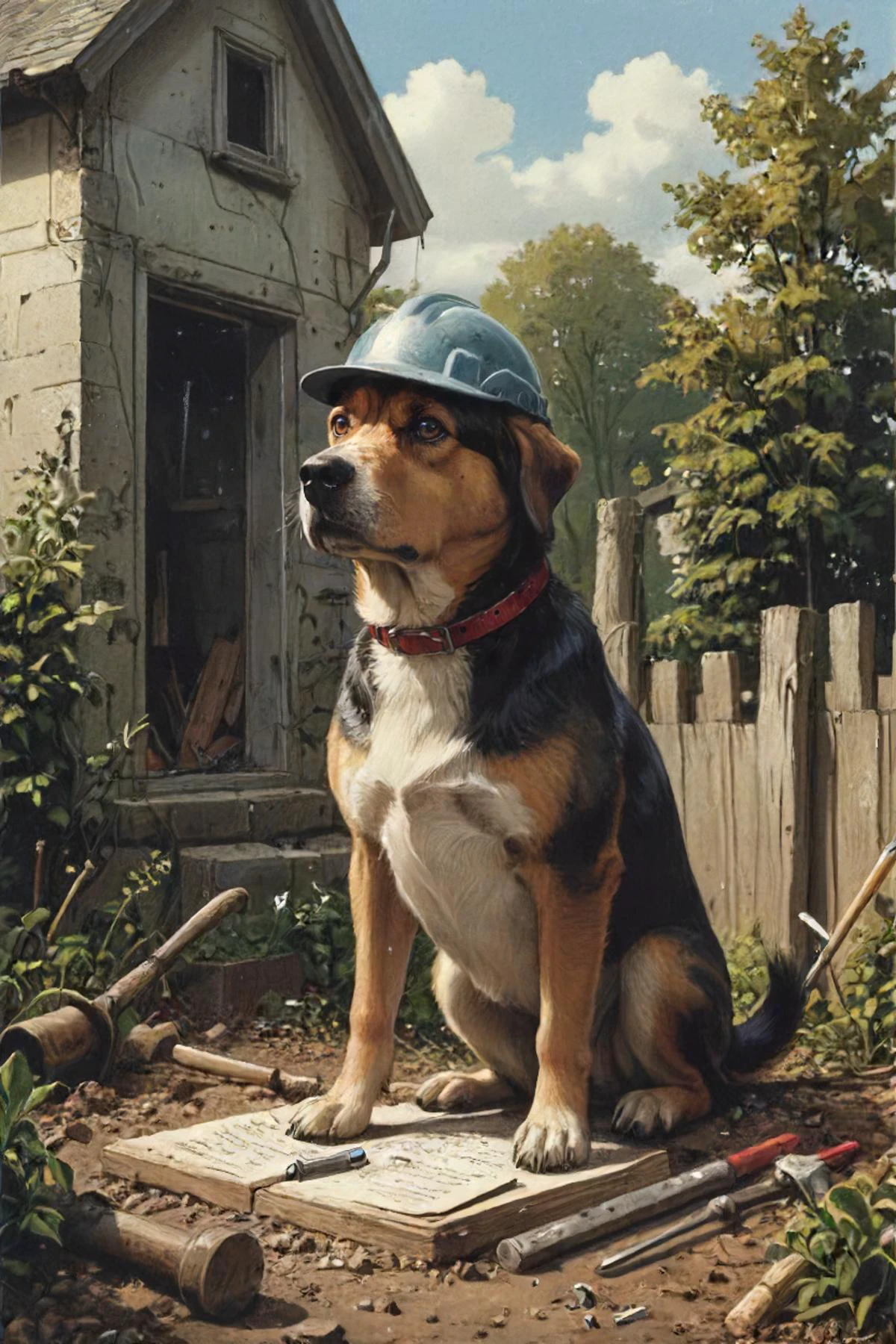 quite suspicious construction-worker doggo woofer o_O with hammer and nails, confused on how to build a house in the garden by reading a manual written in gibberish, <lora:The_Horror_Style:0.3> <lora:lith_orwo_dokumentenpapier_weoptaSDXL:0.4> <lora:lora:0.8>