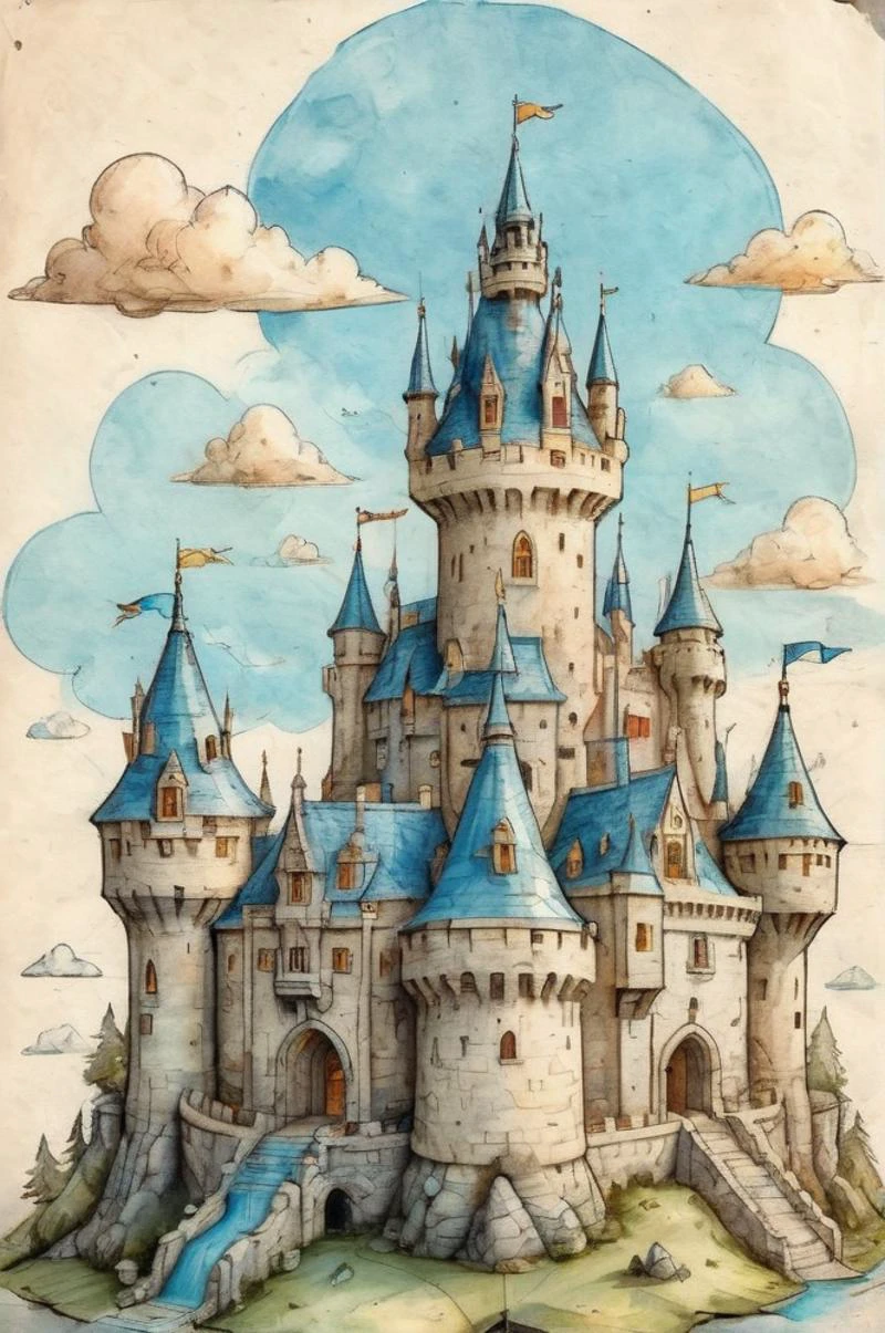 <lora:TQWhimsical Dreams:0.8>, <lora:ParchartXL_CODA:0.7> on parchment,
blue sky, ((low view, from below)), Hand drawn illustration of a castle with detailed schematics of rooms and layout, detailed drawings cross section concept sheet sketch, cloud, cloudy sky, day, fantasy, mountain, no humans, outdoors, scenery, sky, sunset, tower