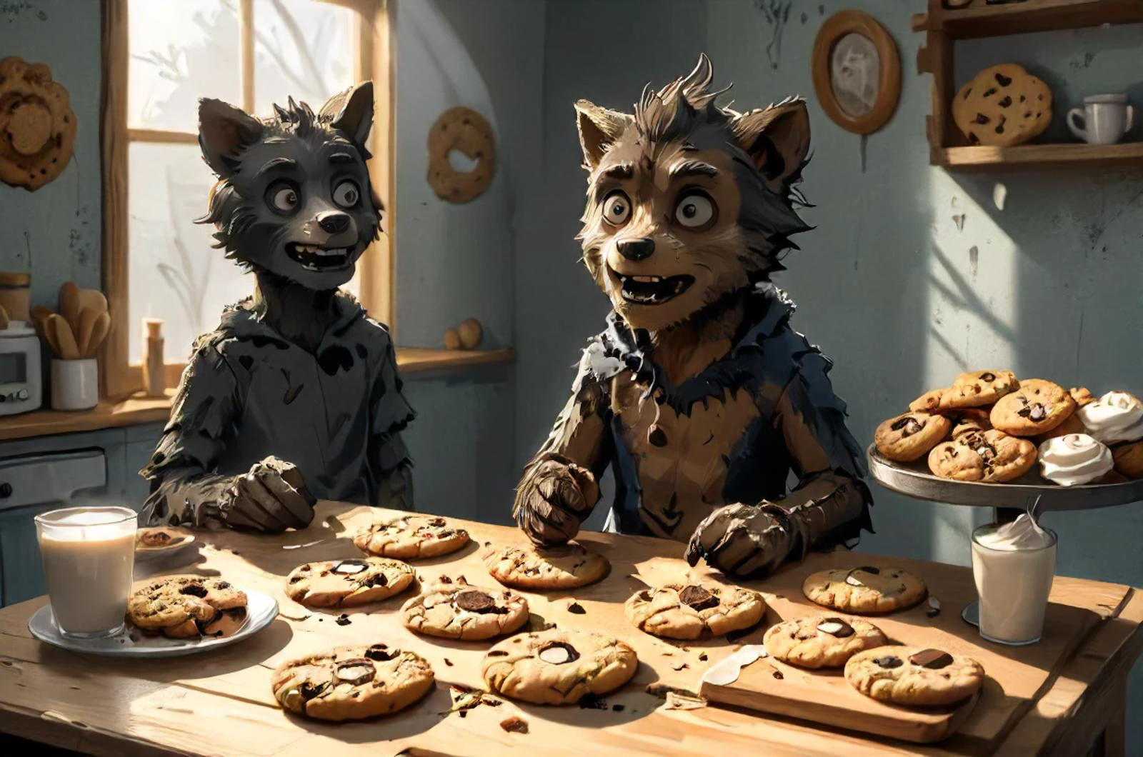 friendly werewolf offering cookies, bakery, self-made, mess, detailed shadows, questionable source, <lora:- SDXL - creature_variation_test_wwlf.nocap_V1.0:.8> <lora:- SDXL - TT-F_file_001_V1.0:.5> <lora:- SDXL - AI-Breaker_V3.5:.6> <lora:lora:0.8> <lora:SDXL - Style - EldritchRomanceIllustration1.3.1:0.4> <lora:- SDXL - creepy_n_freaks_V1.0:0.8> <lora:The_Simplest:0.8> <lora:ral-vxl:0.4> <lora:- SDXL - vanta-black_contrast_V3.0:0.8> <lora:- SDXL - sqrhmmr _Square-Hammer_Style_V1.0:0.4>