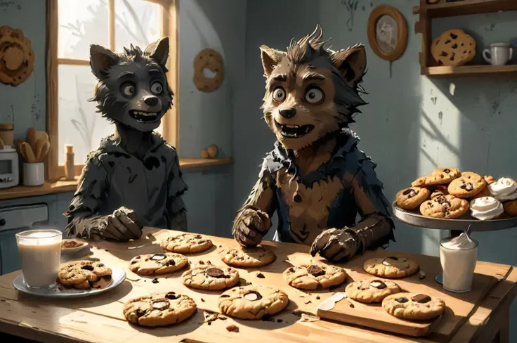 friendly werewolf offering cookies, bakery, self-made, mess, detailed shadows, questionable source,  <lora:- SDXL - creature_variation_test_wwlf.nocap_V1.0:.8> <lora:- SDXL - TT-F_file_001_V1.0:.5> <lora:- SDXL - AI-Breaker_V3.5:.6>   <lora:lora:0.8>  <lora:SDXL - Style - EldritchRomanceIllustration1.3.1:0.4>   <lora:- SDXL - creepy_n_freaks_V1.0:0.8>  <lora:The_Simplest:0.8> <lora:ral-vxl:0.4>  <lora:- SDXL - vanta-black_contrast_V3.0:0.8> <lora:- SDXL - sqrhmmr _Square-Hammer_Style_V1.0:0.4>