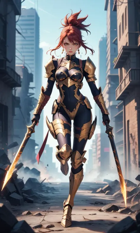 score_9, score_8_up, score_7_up, full body female spacepunk knight with a stern look, holding a weapon, jumping, (city ââin rubble background), character design inspired by Yoji Shinkawa and Tsutomu Nihei, black and yellow, battle-worn armored and elegant, seductive, innocent, (depth of field), (fine textures details)
