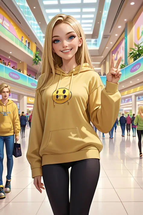 zPDXL3, <lora:terra:.8>,
TerraSDXL,woman,long hair,blonde hair, yellow sweater, hoodie, black leggings, looking at viewer, smiling, standing, inside mall, peace sign, crowd,