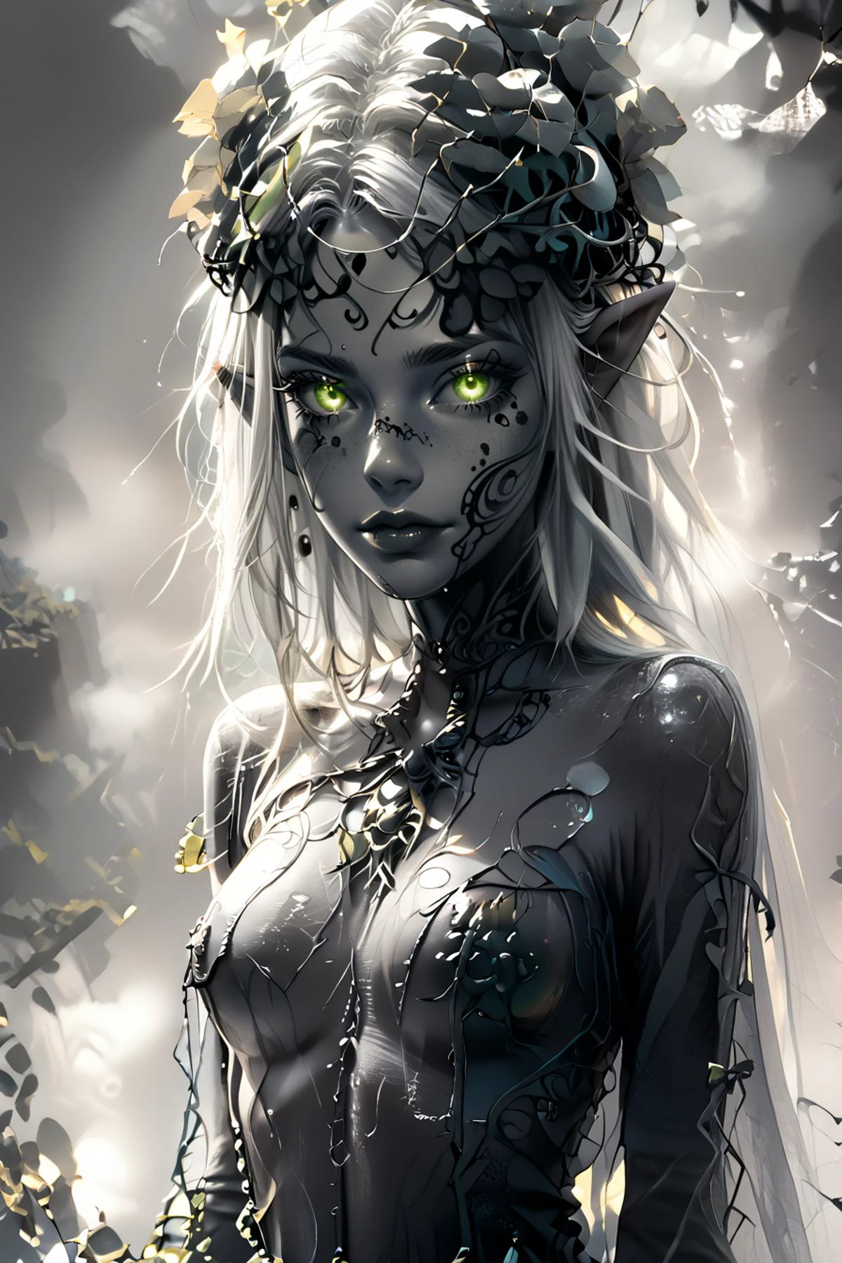 1woman, sexy, petite, white hair with green highlights, long hair, perky breasts, <lora:BeautyInEvilPony:1> vine clothing, hkevil, sorceress, vines covering body, in a dark forest, myst, fog, god rays,, score_9, score_8_up, score_7_up, score_6_up, score_5_up, score_4_up, <lora:K040790P:0.4> 040790P, woman, elf, 24 years old, <lora:Breast Slider - Pony_alpha1.0_rank4_noxattn_last:0.5>, (tiny waist, flat stomach, narrow hips), <lora:Aesthetics_Enhancer_pony:0.8> EnhanceImage, <lora:GRIM_v1:1> greyscale, monochrome, limited palette, horror (theme), eldritch abomination, chaotic, silhouette,, <lora:wizardslimev15-t:0.8> wizardslimus, slime skin, transparent head, transparent body, transparent hair, transparent face, transparent, slime girl