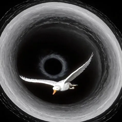 swan flying trough black hole, artistic, vhslora