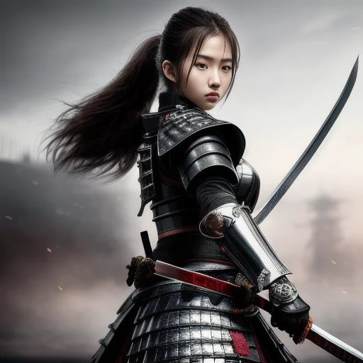 masterpiece, best quality,CG,wallpaper,HDR,high quality, solo, 1girl, black samurai armor, katana, warrior in the battlefield, better hands <lora:envybetterhandsLocon_beta2:1> <lora:djzGlitchSamurai_v21:1>