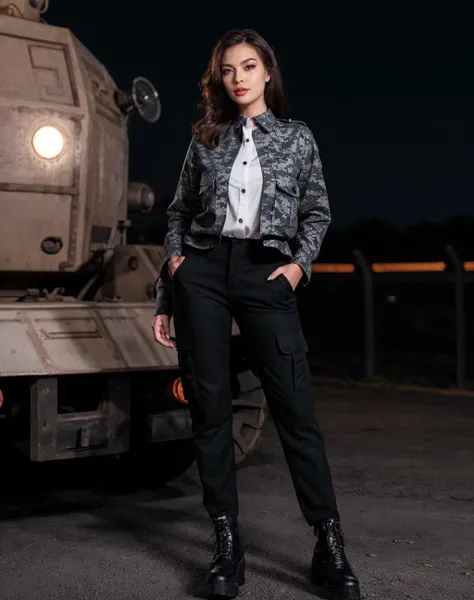 cinematic photo modelshoot style, (extremely detailed CG unity 8k wallpaper), professional majestic photography, realistic,  Dutch angle, intricate details, photo of beautiful ,  a  woman wearing Blouse, outerwear and (Cargo pants: Pants with multiple pockets, often inspired by military wear.),  <lora:quiron_TeraPatrick_v1_Lora:0.87> TeraPatrickQuir woman, . 35mm photograph, film, bokeh, professional, 4k, highly detailed