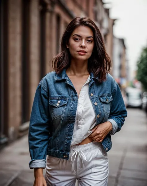cinematic film still realistic, Dutch angle, intricate details, a 27 years old woman wearing Denim Jacket, nightwear and (Chinos: Casual pants made from cotton or a cotton-blend fabric.), <lora:quiron_TeraPatrick_v1_Lora:1> TeraPatrickQuir woman, . shallow depth of field, vignette, highly detailed, high budget Hollywood movie, bokeh, cinemascope, moody, epic, gorgeous, film grain, grainy