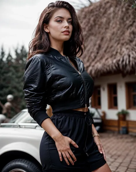 cinematic film still realistic,  Dutch angle, intricate details, a  27 years old woman wearing Bomber Jacket, cocktail dress and (High-waisted pants: Pants designed to sit above the natural waistline.),  <lora:quiron_TeraPatrick_v1_Lora:1> TeraPatrickQuir woman, . shallow depth of field, vignette, highly detailed, high budget Hollywood movie, bokeh, cinemascope, moody, epic, gorgeous, film grain, grainy